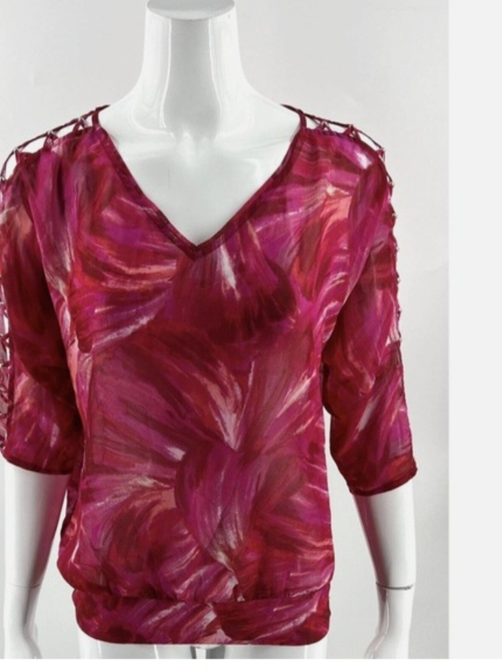 Worthington Fuchsia Brushstroke Cold-Shoulder V-Neck Tunic